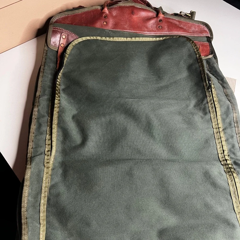 Orvis Garment Bag Vintage Canvas Leather Trim Olive Green Brown Travel Suit Bag